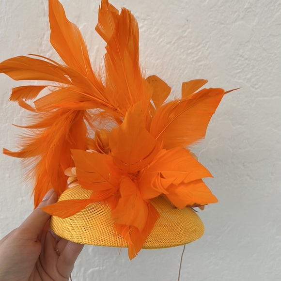 Derby, Tea Party, Wedding Guest fascinator, orange, yellow, feathers, flowers main image 6